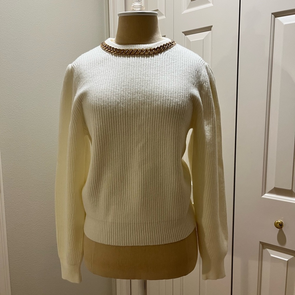 ANN TAYLOR White Sweater with Chain Detail